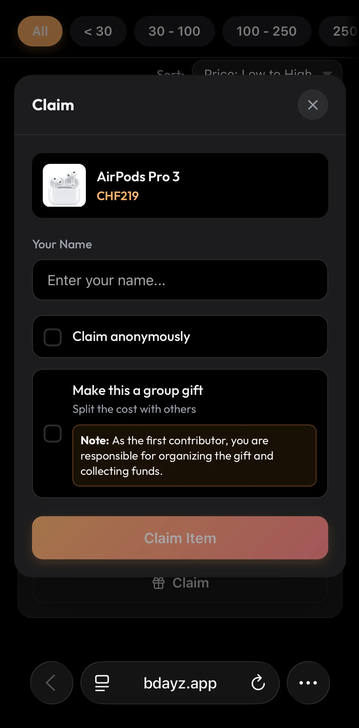 BDayz Wishlist Screen